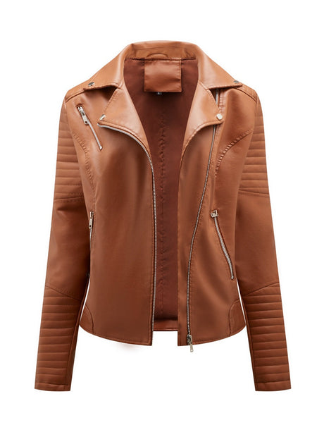 Three-dimensional Decoration Lapel Diagonal Zipper Short Leather Jacket