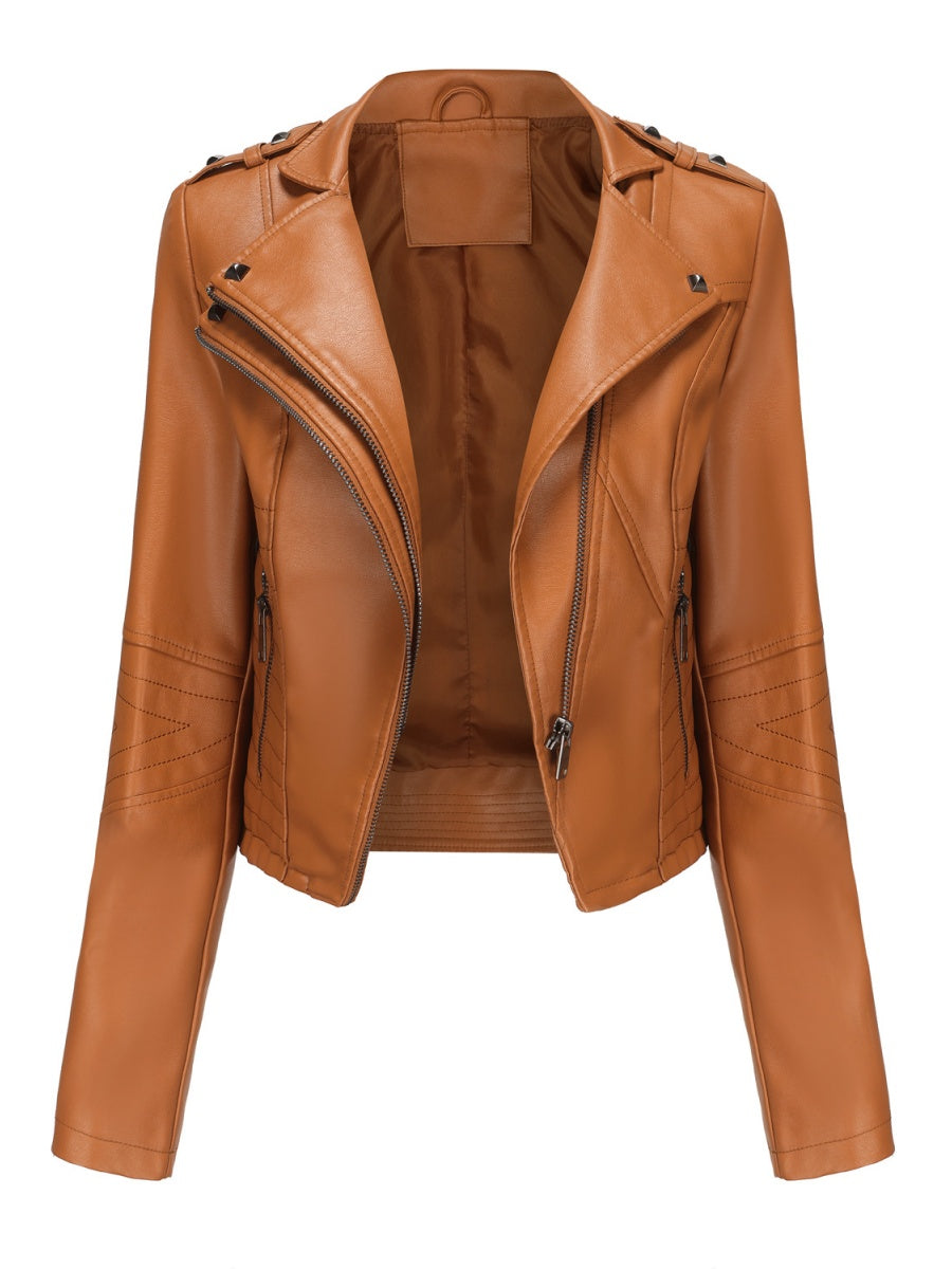 Studs Short Stand Collar Zipper Leather Jacket