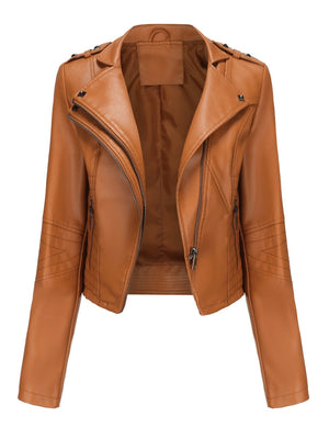 Studs Short Stand Collar Zipper Leather Jacket