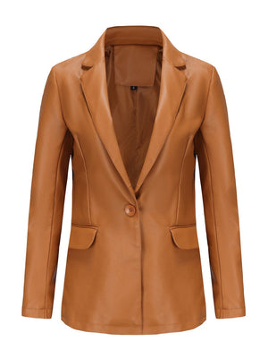 Single Button Pocket Solid Color Leather Jacket