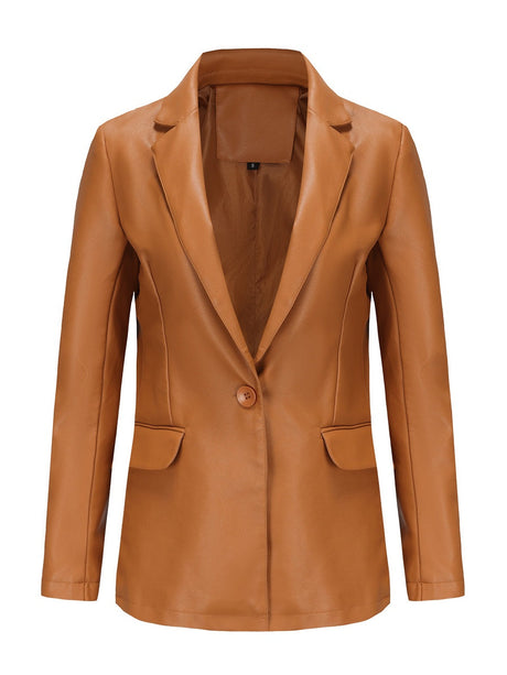 Single Button Pocket Solid Color Leather Jacket