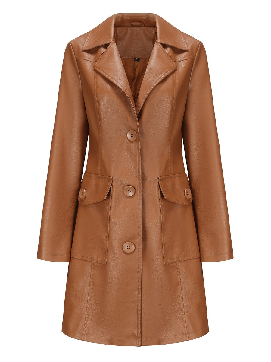 Mid-length Pocket Single-breasted Lapel Leather Jacket