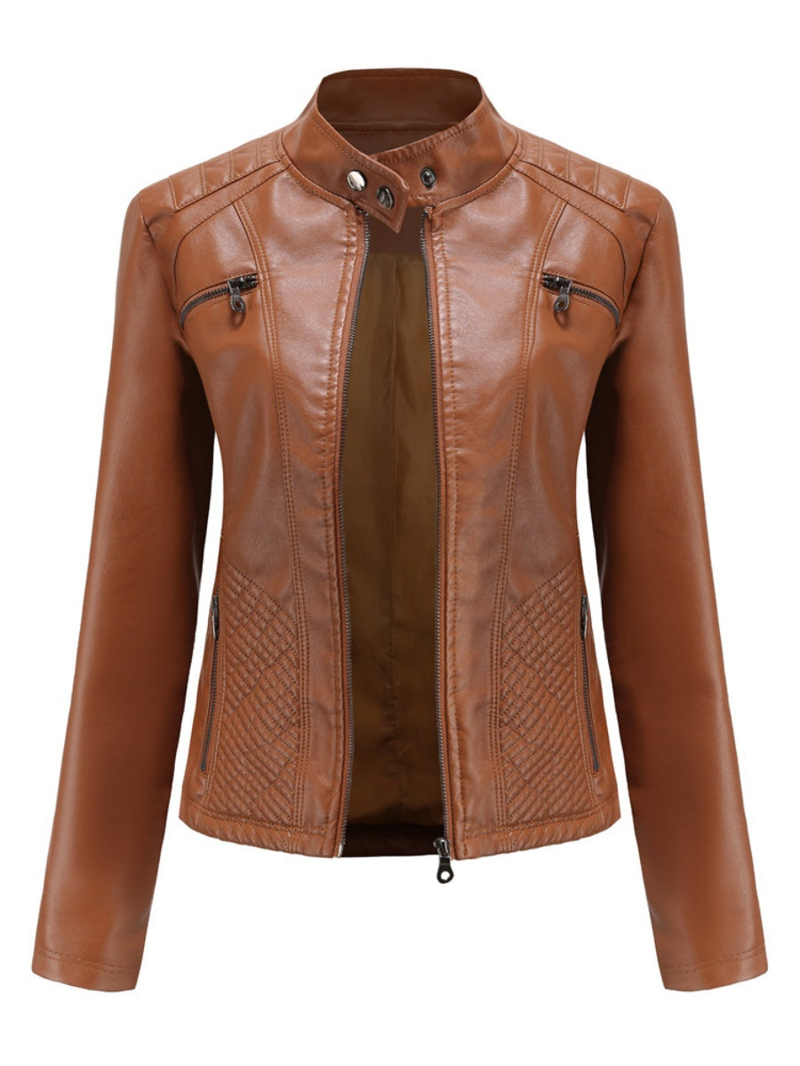 Three-dimensional Decoration Stand Collar Slim Fit Leather Jacket