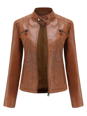 Three-dimensional Decoration Stand Collar Slim Fit Leather Jacket
