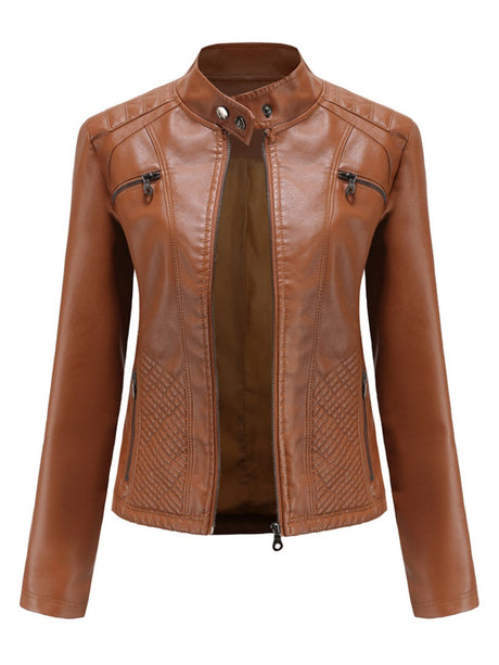 Three-dimensional Decoration Stand Collar Slim Fit Leather Jacket
