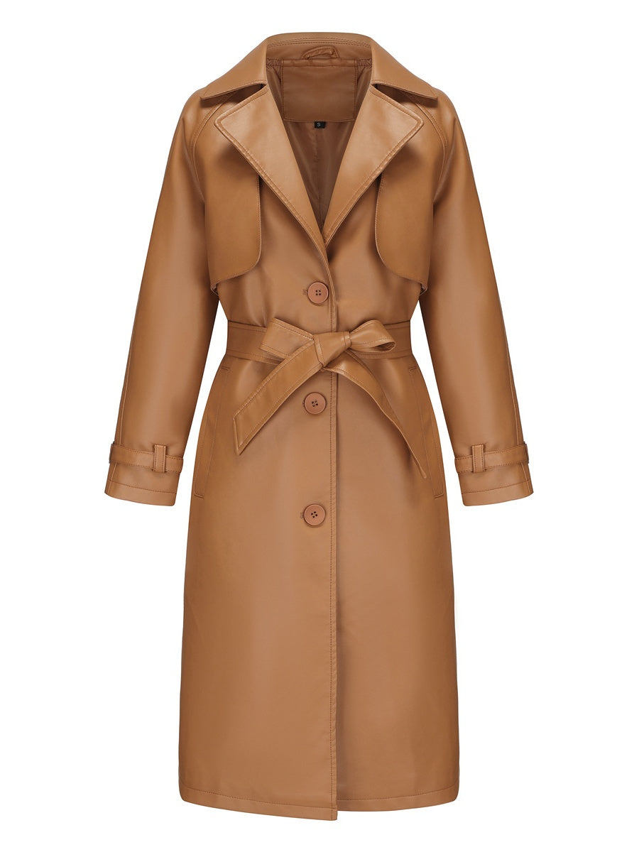 Long And Loose Lace Up Lapel Leather Jacket