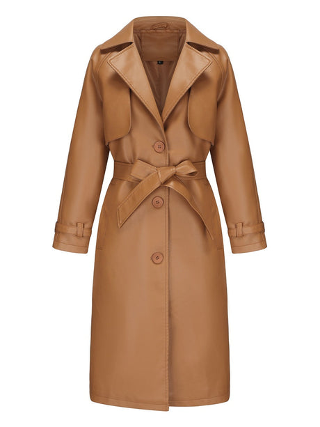 Long And Loose Lace Up Lapel Leather Jacket