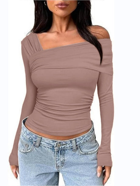 One Shoulder Long Sleeve Pleats Slim Fit T-shirts
