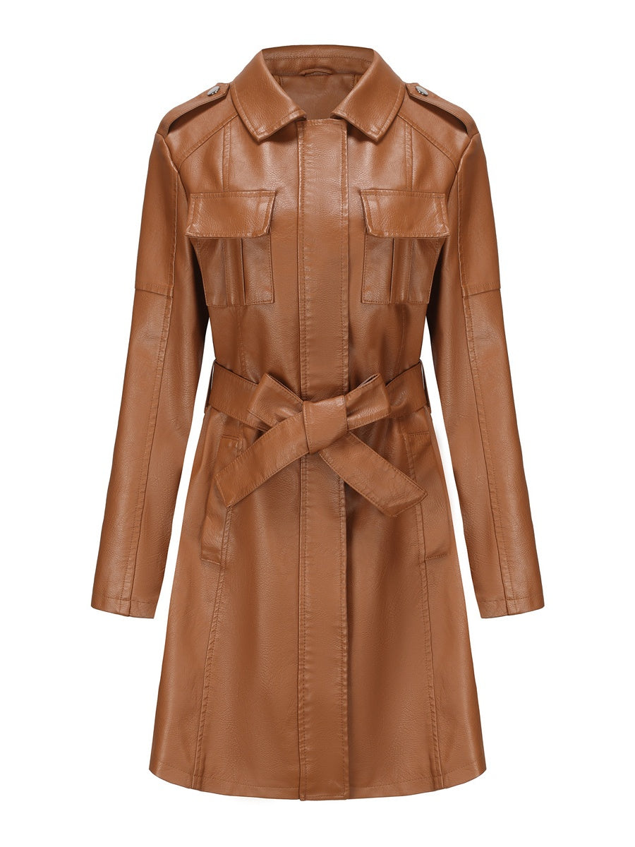 Slim Fit Mid-length Pocket With Belt Leather Jacket