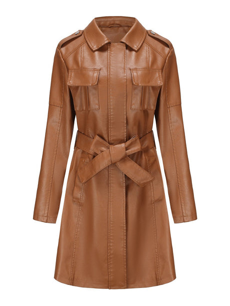 Slim Fit Mid-length Pocket With Belt Leather Jacket