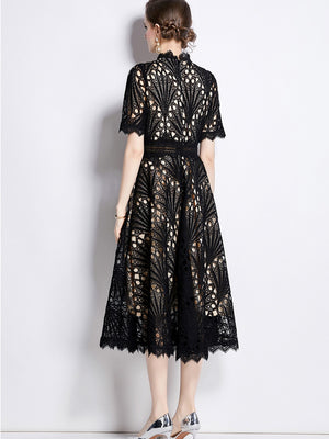 Crocheted Embroidered Lace Midi Dress