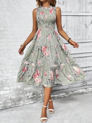 Floral Print Round Neck Sleeveless Maxi Dresses