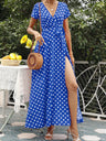 Polka Dots Slit V-neck Short Sleeve Maxi Dresses