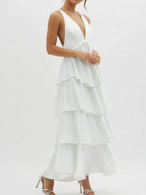Ruffled Splicing Satin V-neck Tank Top Maxi Dresses
