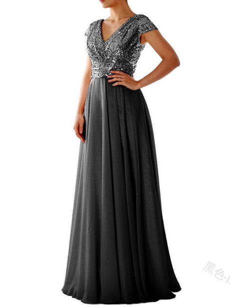 V-neck Sequins Chiffon Splicing Evening Gown Maxi Dresses