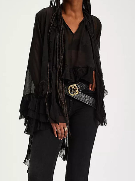 Ruffle Straps  Flare Sleeve See-through Cover-up