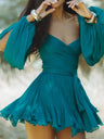 Ruffle Balloon Sleeve Hollow Out Waist Shaping Mini&Short Dresses