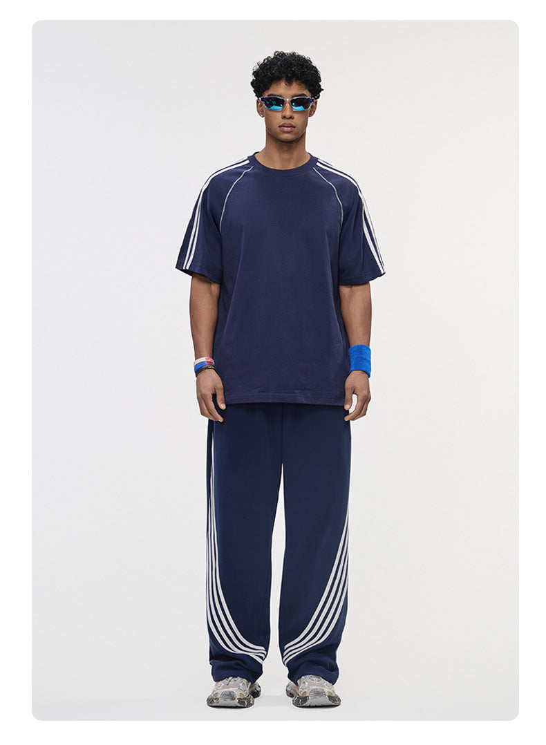 Hasselblad Stripes Short Sleeves Pants Color-blocked Set
