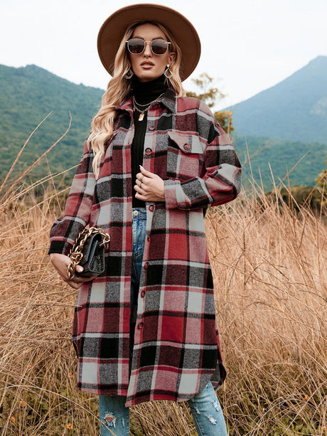 Christmas Lapel Pocket Plaid Wool Coat