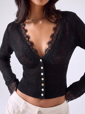 Lace Knitwear Slim-fit V-neck Solid Color Blouse&Shirts