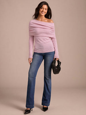 Wool Folded Off-shoulder Long-sleeved Sweater