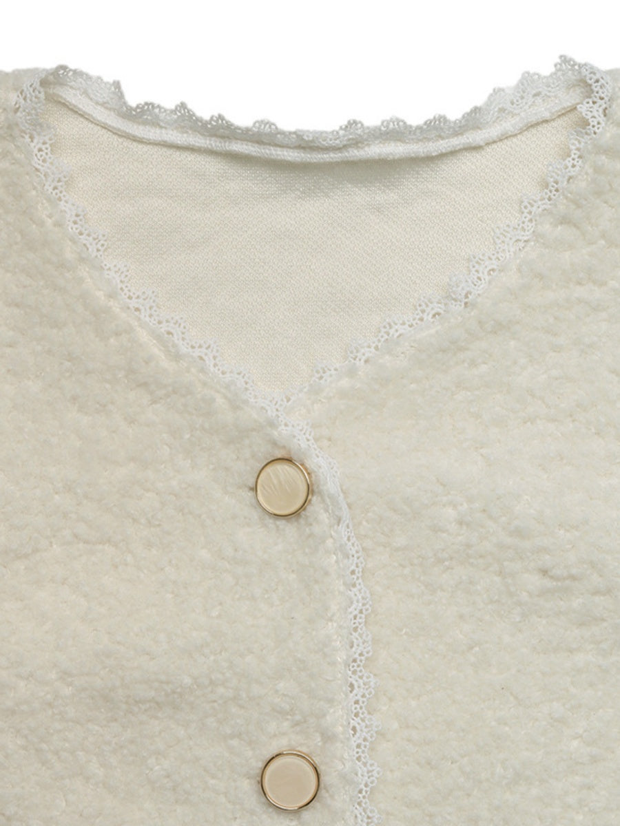 Splicing Buttons Off-white lace cardigan jacket