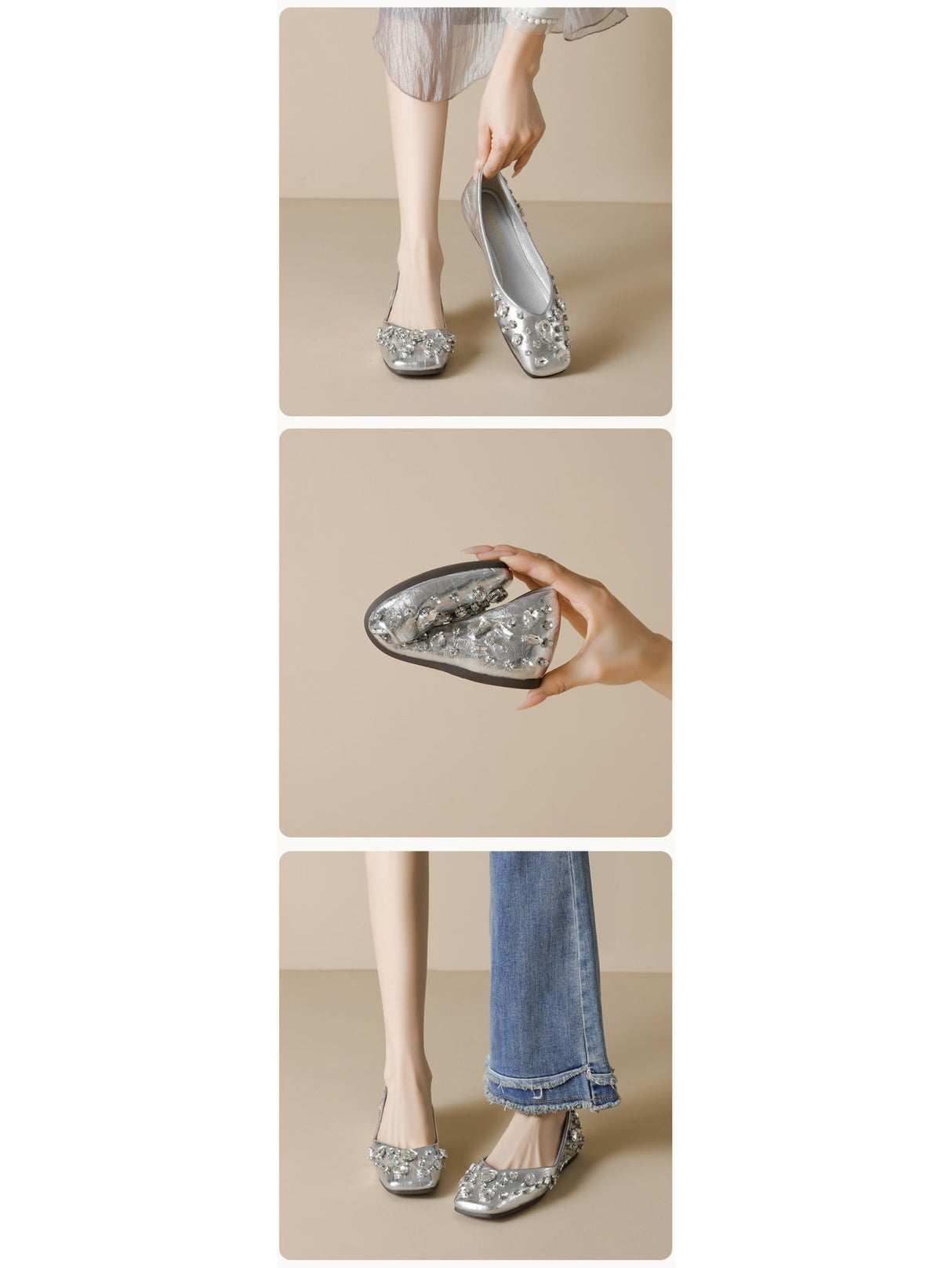 Liber Spring and Autumn Diamond-studded Metallic Women's Flats