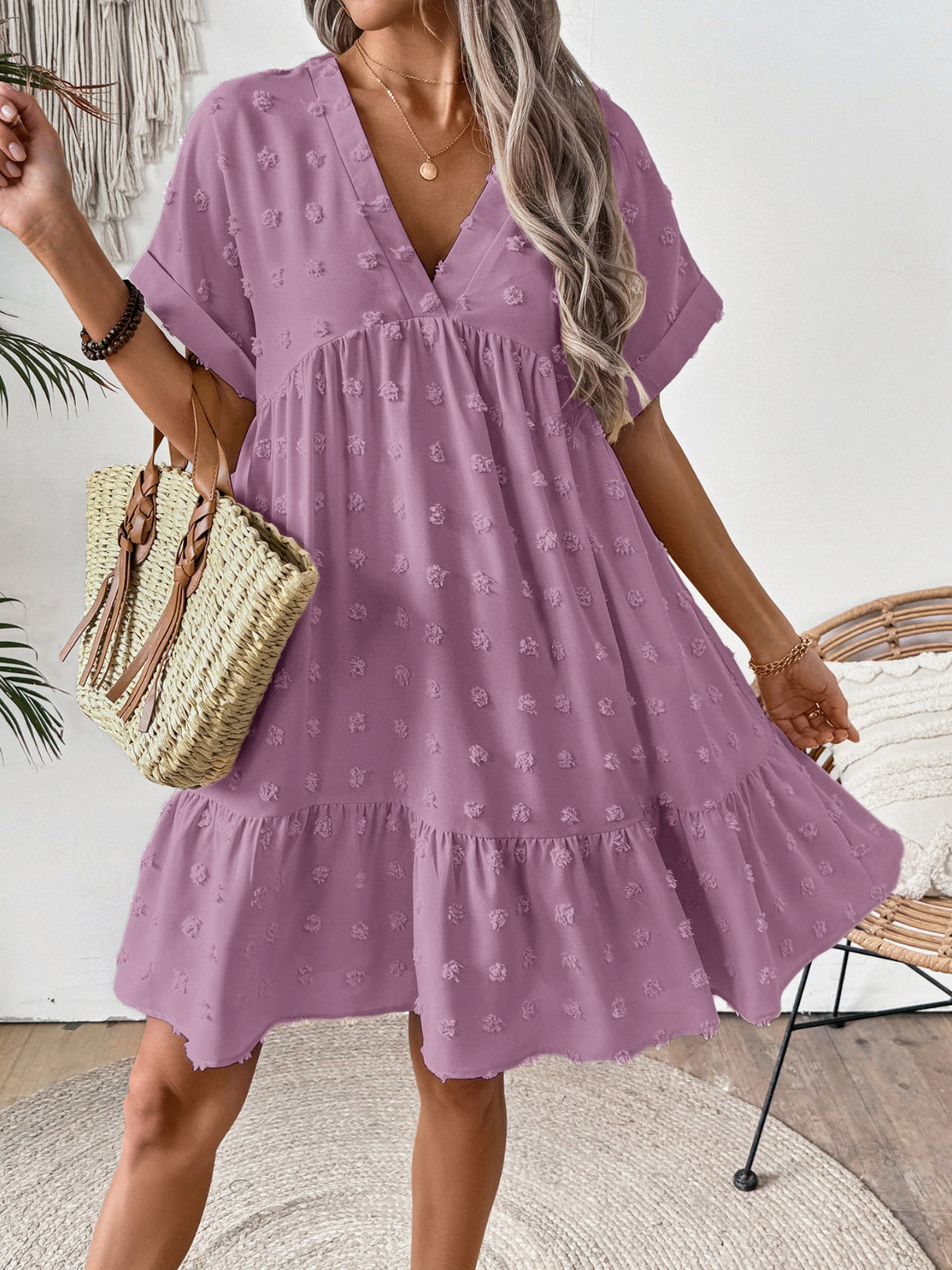 Ruffled Hem V-neck With Rolled-up Sleeves Mini&Short Dresses