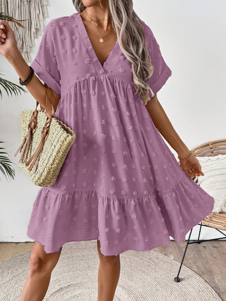 Ruffled Hem V-neck With Rolled-up Sleeves Mini&Short Dresses