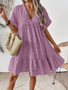 Ruffled Hem V-neck With Rolled-up Sleeves Mini&Short Dresses
