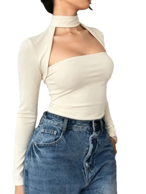 High-neck, Fitted, Faux Two-piece Set, Long-sleeved, Sexy, And Slimming Top