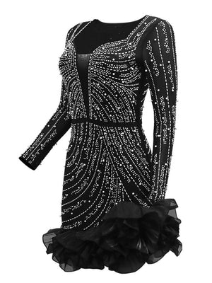 Robe de soirée transparente à manches longues et col carré, ornée de strass thermocollants et de perles 3D, disponible en version mini et courte.