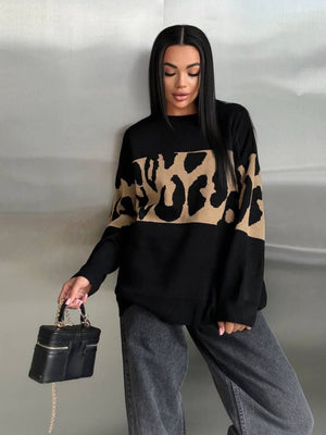 Liber Autumn women's leopard print clothing Raglan sleeve paneled pullover sweater