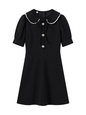 Color-blocked Detachable Peter Pan Collar Buttons Short Sleeves Mini&Short Dresses