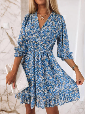 Floral V-neck Short Sleeve Ruffle Mini&Short Dresses