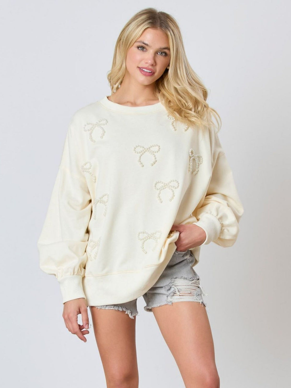 Christmas Pearl Bow Long Sleeve Top Casual Sweatshirt