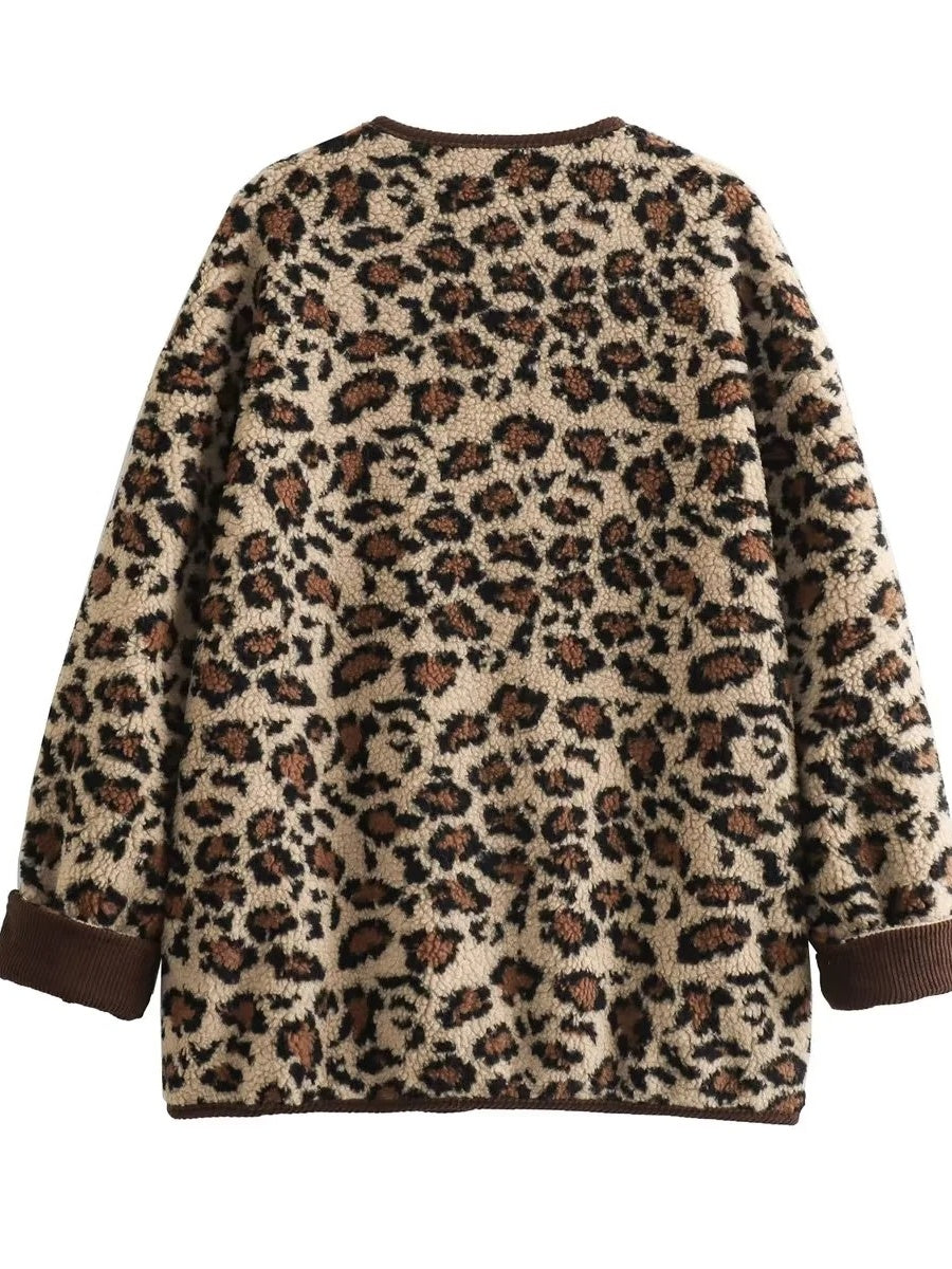 Liber Autumn Women's Pocket Corduroy Splicing Leopard Jackets