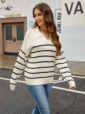 Liber Autumn Women's V-neck Contrasting colors Stripes Jacket Woolen