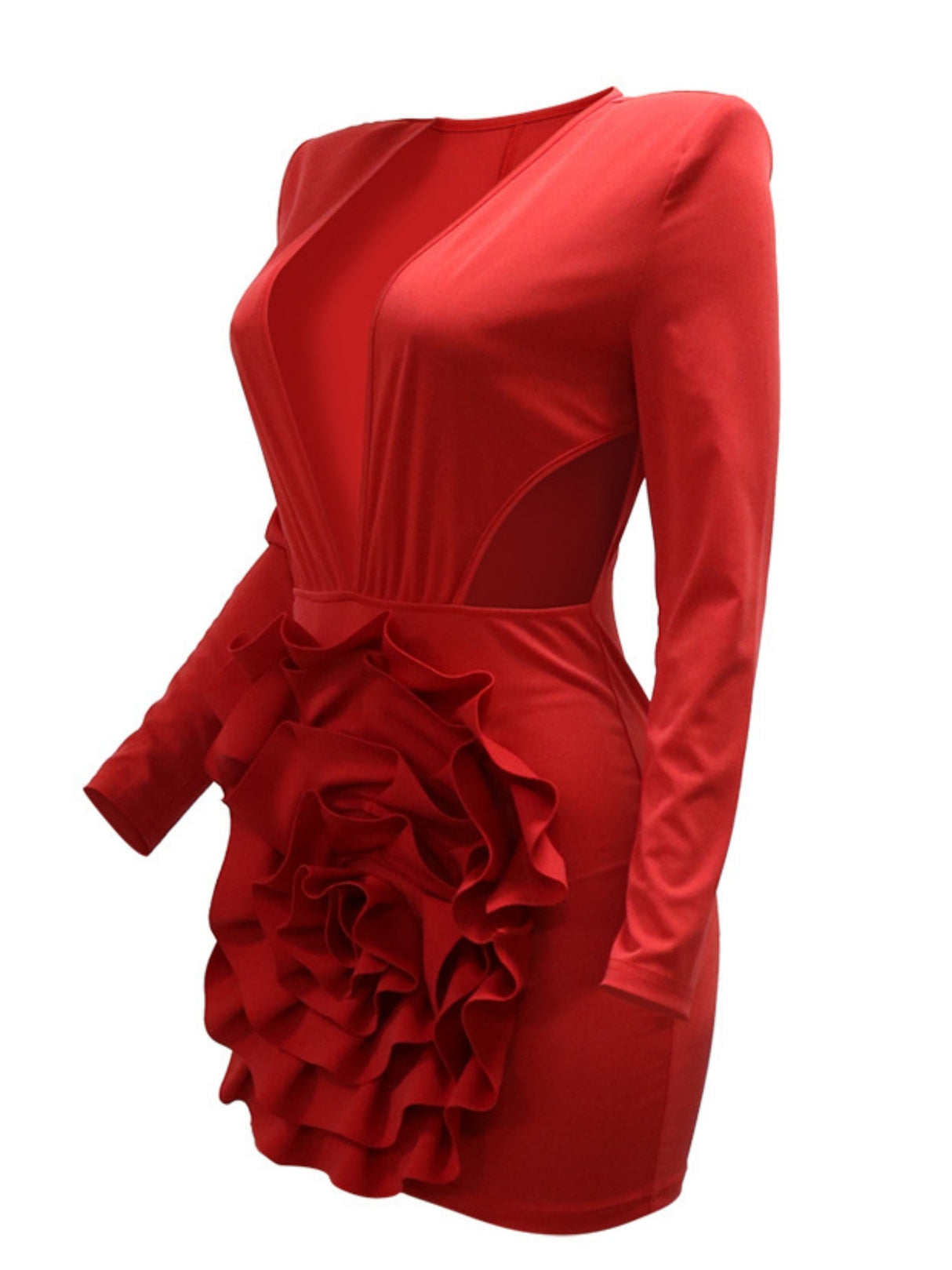 3D-Blumen-Kleider zum Valentinstag: Tiefer V-Ausschnitt, lange Ärmel, plissiert, Mini &amp; Kurz.