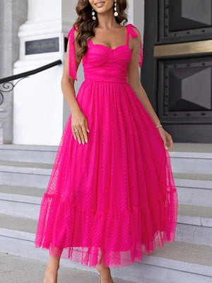 Polka Dots Strapless Shoulder Strap Mesh Splicing Sweet Maxi Dresses