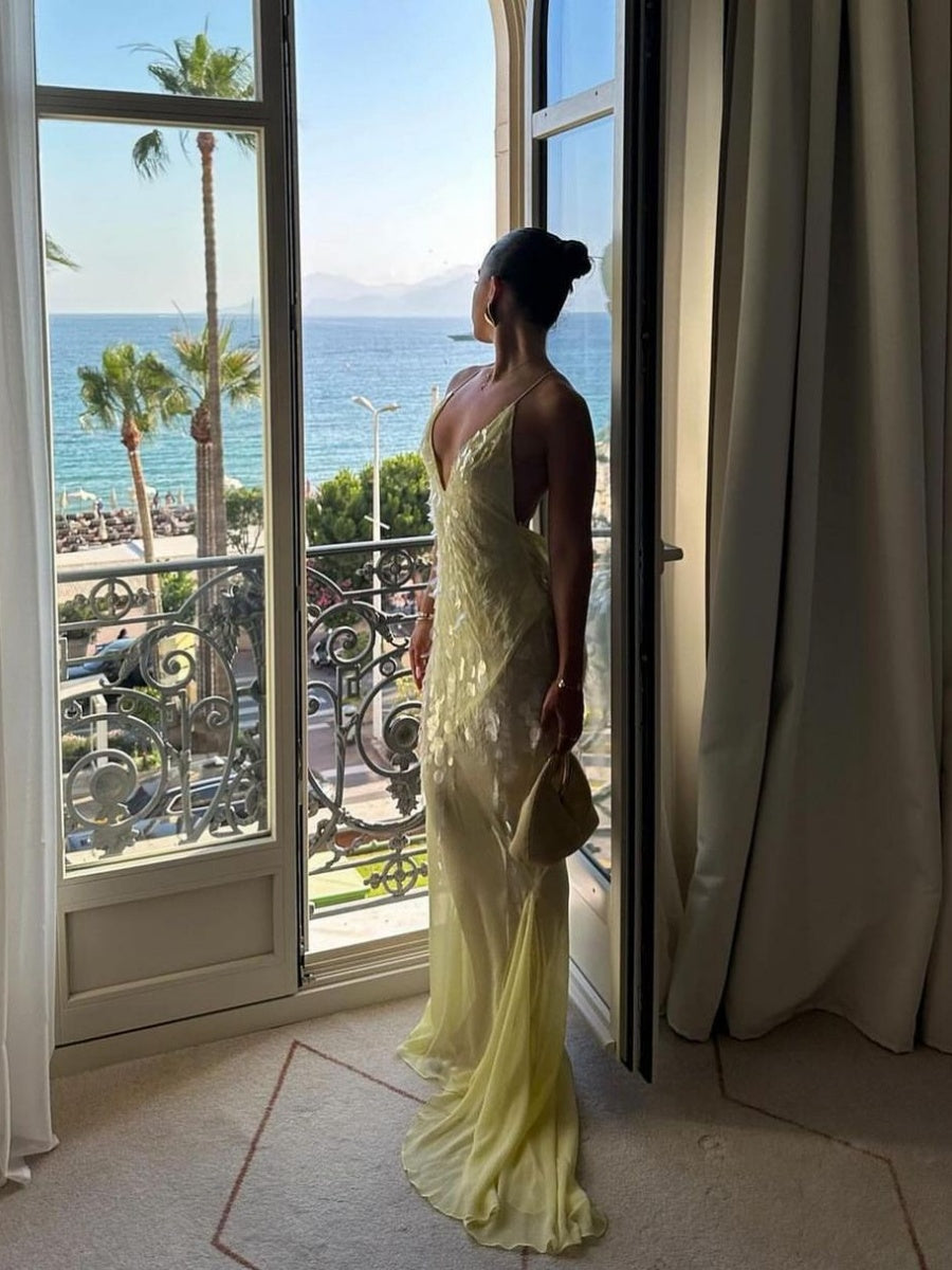 Liber Winter Women's Backless Splicing Deep V-neck Maxi Dresses