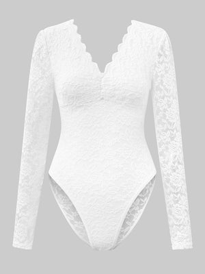 Lace Long Sleeve Perspective Slim Fit Bodysuit