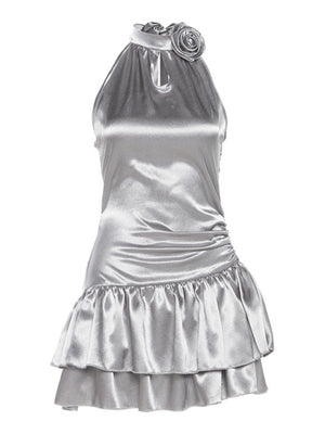 3D Flowers Glossy Hollow Out Halter-neck Sleeveless Mini&Short Dresses