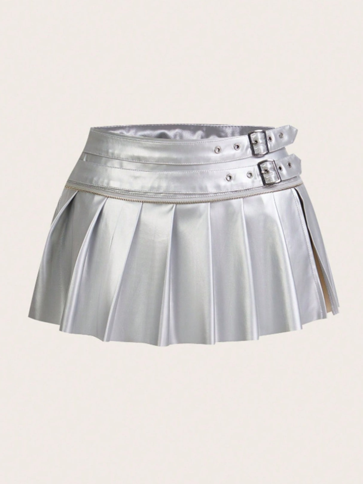 PU High-waisted Slit Belt Decoration Pleated Skirt