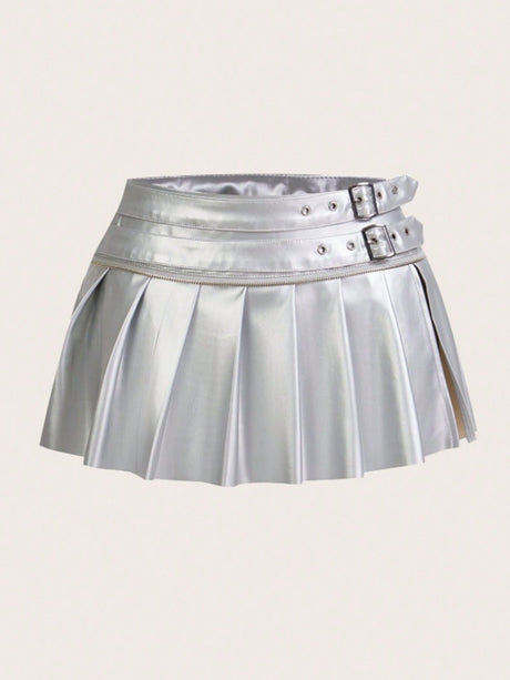 PU High-waisted Slit Belt Decoration Pleated Skirt