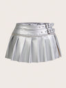 PU High-waisted Slit Belt Decoration Pleated Skirt