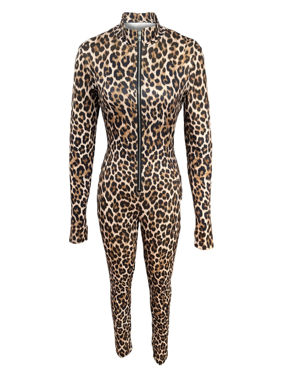 Leopard Print Zip-up Long Sleeve Bodysuits
