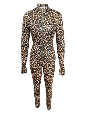 Leopard Print Zip-up Long Sleeve Bodysuits