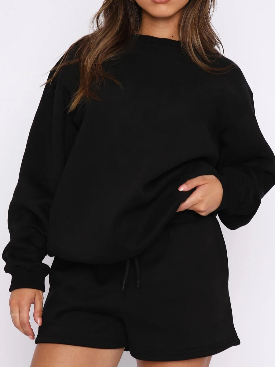 Loose-fitting, Versatile, Casual Crew Neck Sweatshirt And Shorts Set