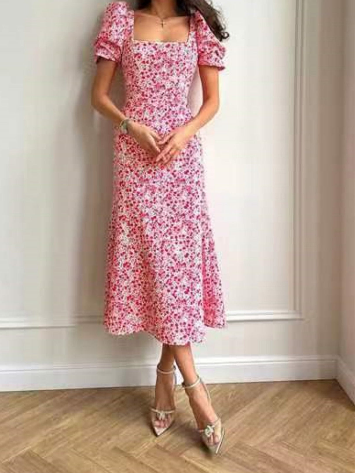 Floral Print Square Neckline And Puff Sleeves Maxi Dresses